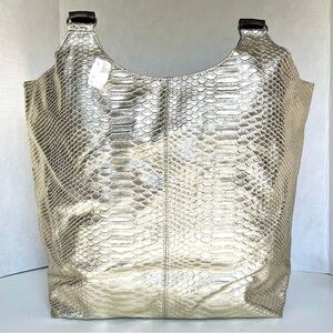 Neiman Marcus Metallic Gold Snakeskin Tote Bag